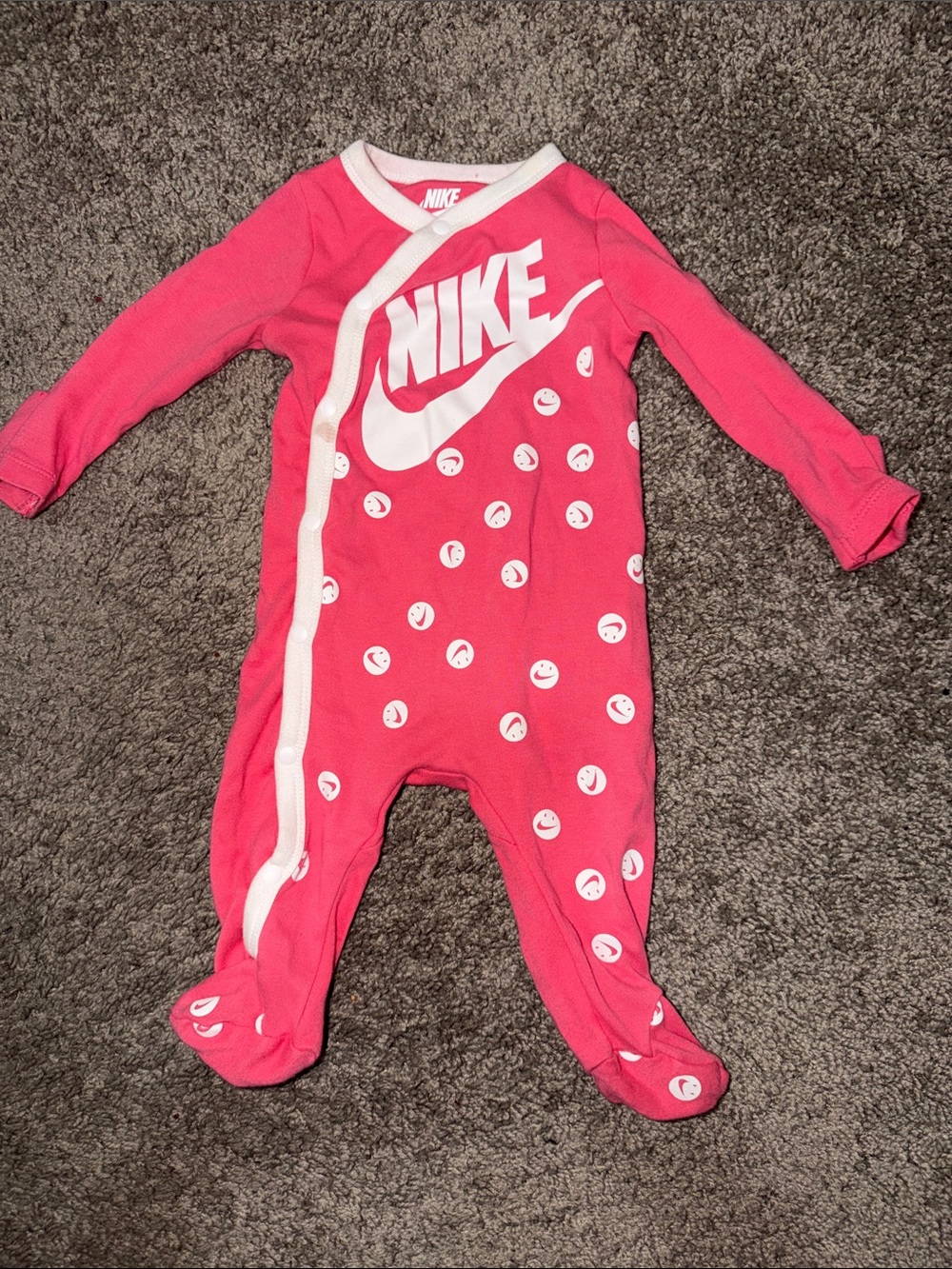 Nike Pink Smile-Print Baby Footie with White Trim